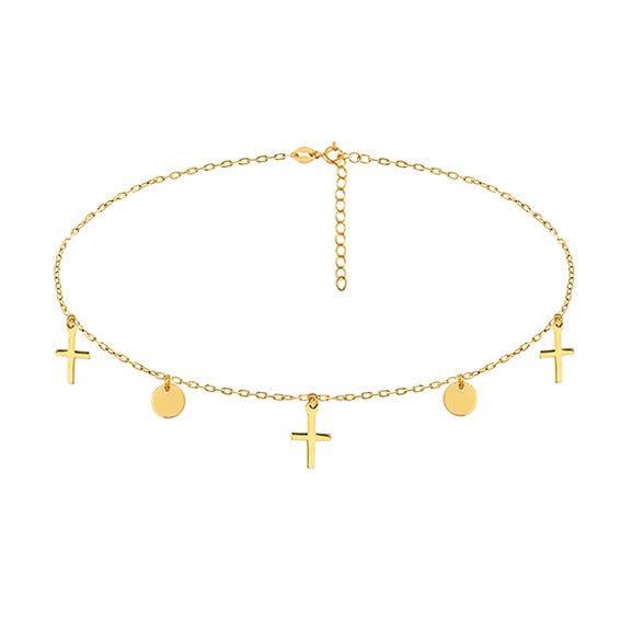 Gold-plated silver choker necklace with round pendants and cross - #jewelry for women# - Starry Silver