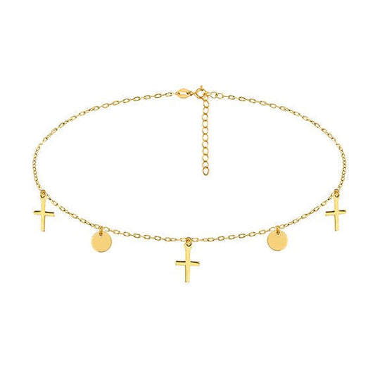 Gold-plated silver choker necklace with round pendants and cross - #jewelry for women# - Starry Silver