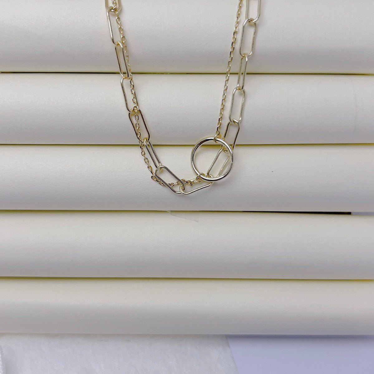 Gold-plated silver bracelet - double chain circle charm - #jewelry for women# - Starry Silver